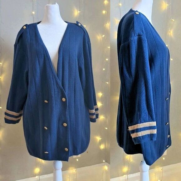 Vintage 1990s Lizsport Knit Cardigan Sweater Double Breasted Nautical Preppy SP - Picture 1 of 11